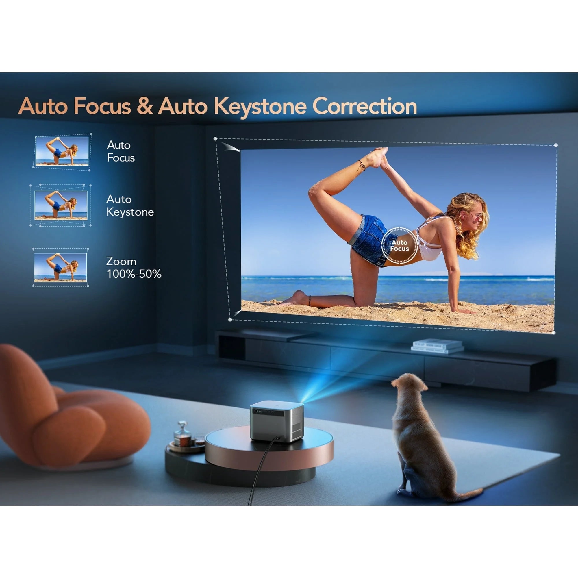 Smart Auto Focus 4K Projector,  Home Movie Projector with Android OS, Native 1080P 5G Wifi 6 Bluetooth Projector, with Netflix 8000+ Apps