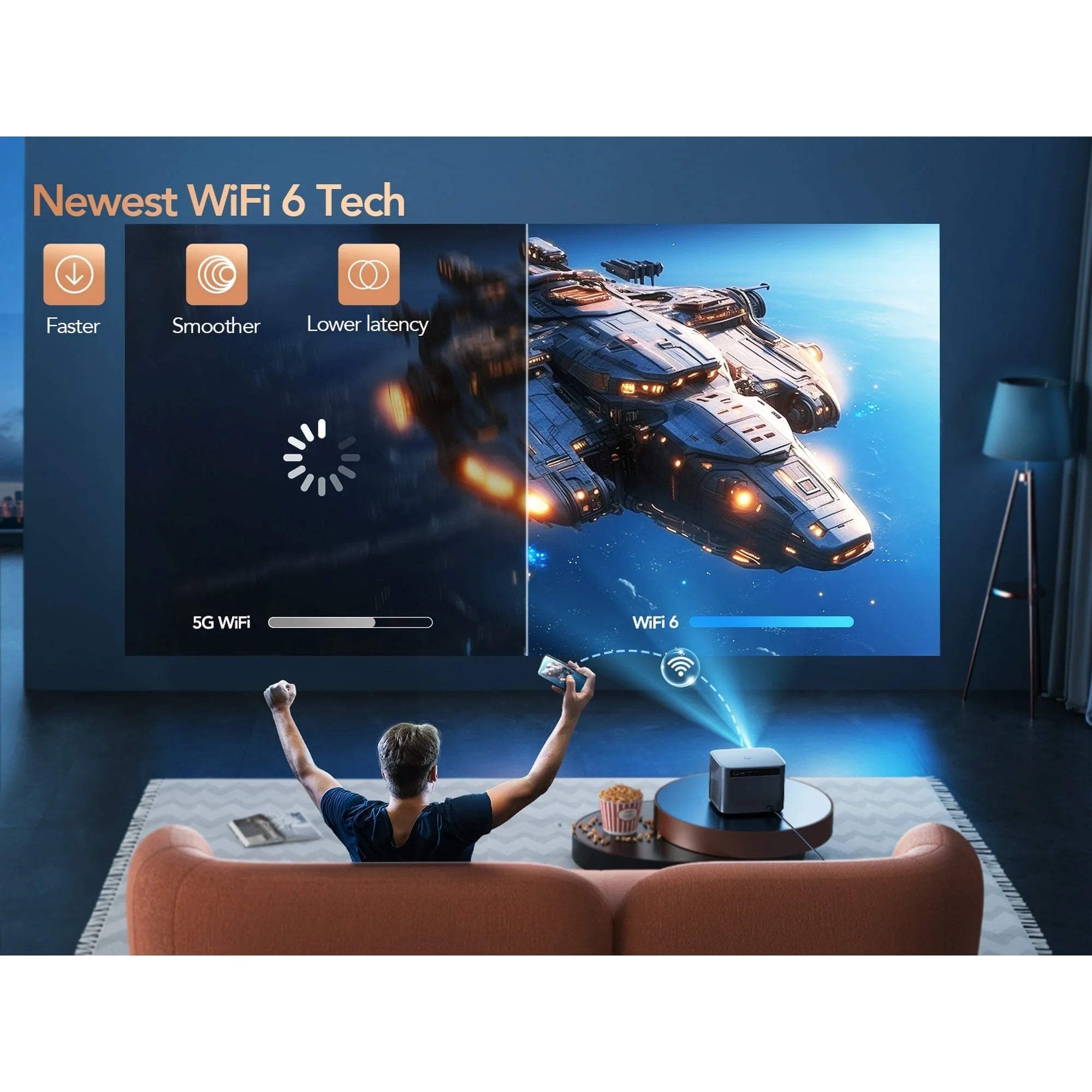 Smart Auto Focus 4K Projector,  Home Movie Projector with Android OS, Native 1080P 5G Wifi 6 Bluetooth Projector, with Netflix 8000+ Apps